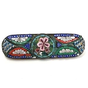 VINTAGE Signed Italian Oval Brass Filigree Raised MICRO MOSAIC Brooch Floral Pin